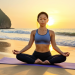 **A Vietnamese woman in her 30s practicing yoga at sunrise on a beach in Nha Trang. She is wearing athletic wear and has a serene expression. The sun is rising over the ocean, casting a golden glow. Focus on health and wellness.**